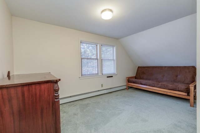 additional living space with vaulted ceiling, light colored carpet, and baseboard heating