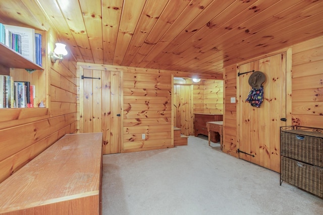 bonus room with light carpet, wooden ceiling, and wooden walls