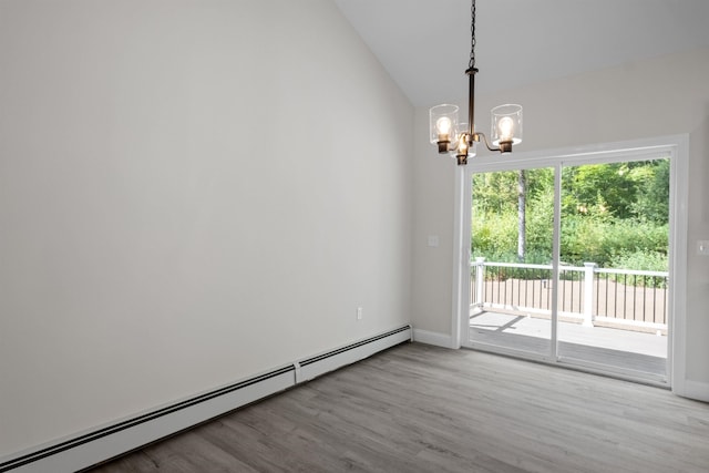 unfurnished dining area featuring lofted ceiling, a baseboard heating unit, a notable chandelier, and light wood-type flooring