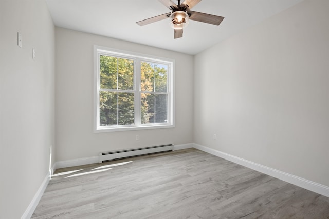 unfurnished room featuring light hardwood / wood-style flooring, ceiling fan, and baseboard heating