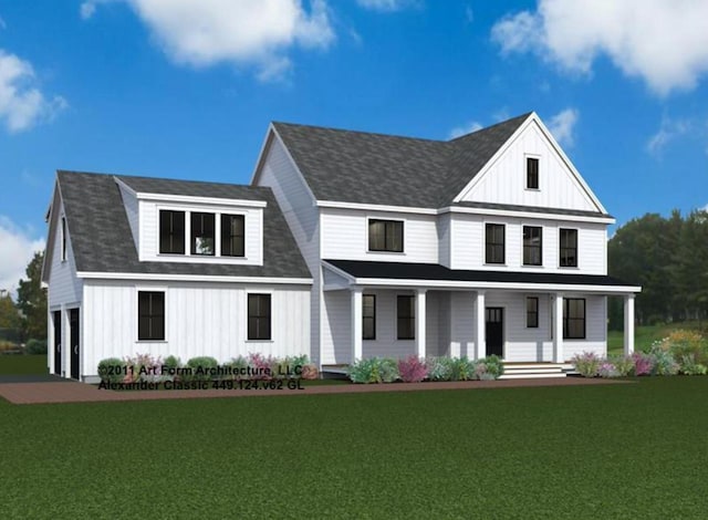 modern inspired farmhouse with a front yard and a porch