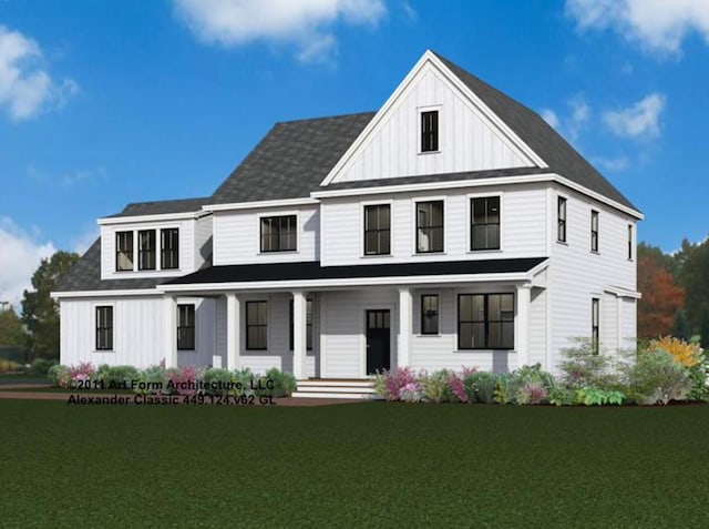 modern farmhouse featuring a front lawn and covered porch