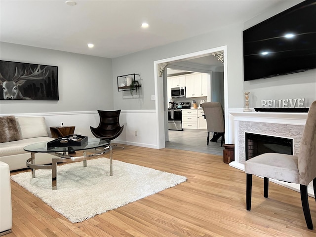 living room featuring a fireplace and light wood-type flooring