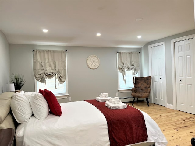 bedroom featuring multiple windows, wood-type flooring, and two closets