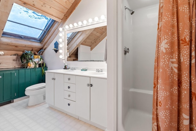 bathroom with wood ceiling, vaulted ceiling with skylight, vanity, a shower with curtain, and toilet