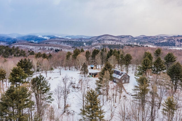 snowy aerial view with a mountain view