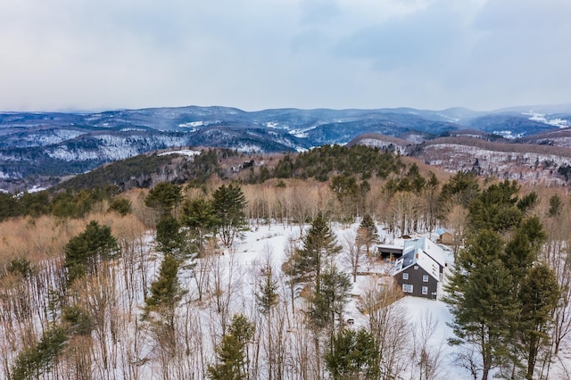 snowy aerial view with a mountain view