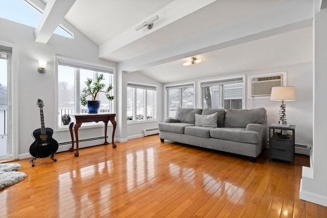 living room featuring baseboard heating, lofted ceiling, a wall unit AC, and light hardwood / wood-style flooring