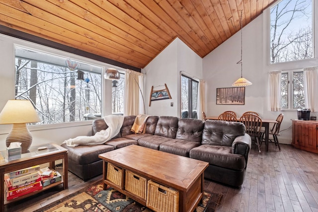 living room featuring wood ceiling, dark wood-type flooring, and high vaulted ceiling