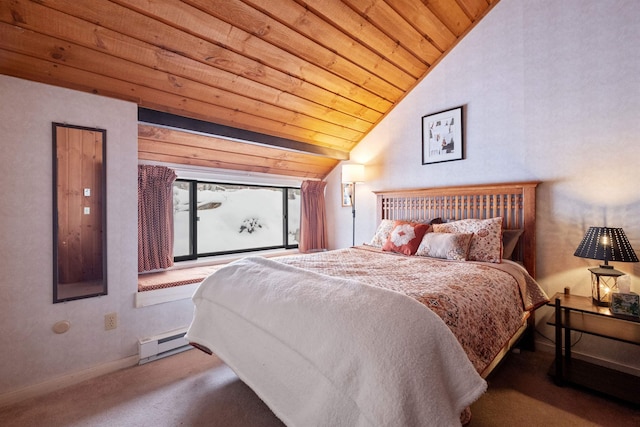 carpeted bedroom with wood ceiling, a baseboard radiator, and vaulted ceiling