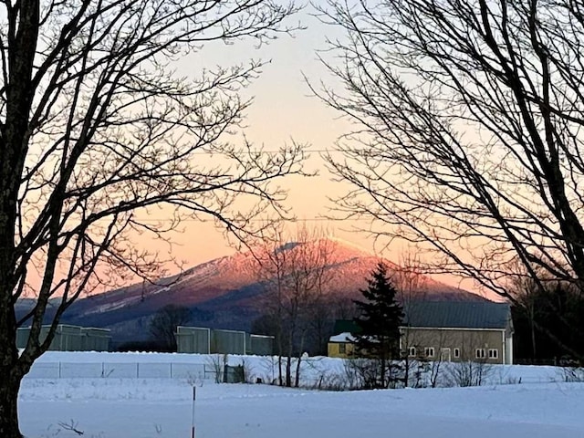 yard covered in snow featuring a mountain view