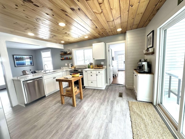 kitchen featuring appliances with stainless steel finishes, white cabinetry, light hardwood / wood-style floors, kitchen peninsula, and wooden ceiling