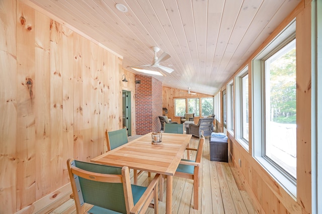 sunroom with ceiling fan, vaulted ceiling, and wooden ceiling