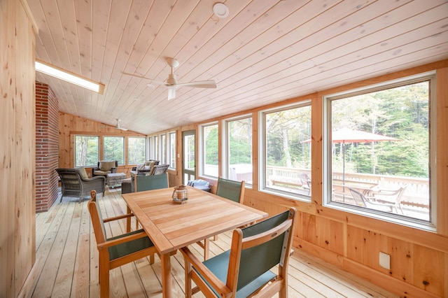 sunroom with lofted ceiling, wooden ceiling, and ceiling fan