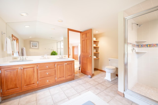 bathroom featuring vaulted ceiling, tile patterned flooring, vanity, walk in shower, and toilet