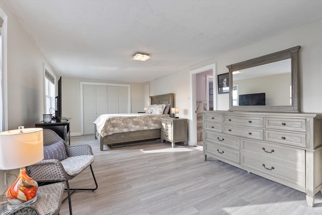 bedroom with light hardwood / wood-style floors and a closet