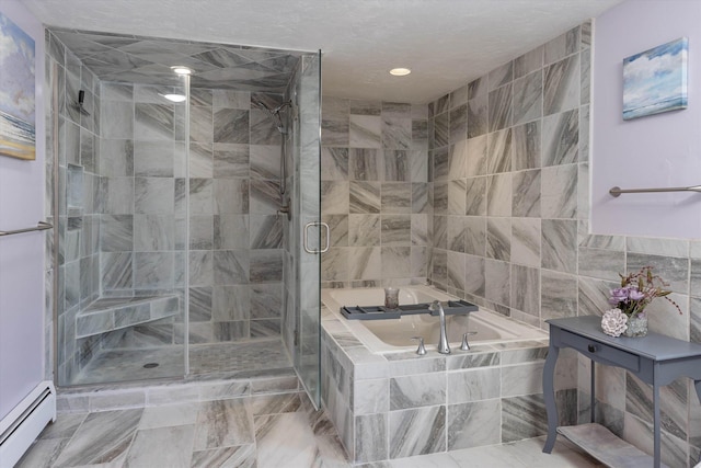 bathroom with independent shower and bath, a baseboard radiator, and tile walls