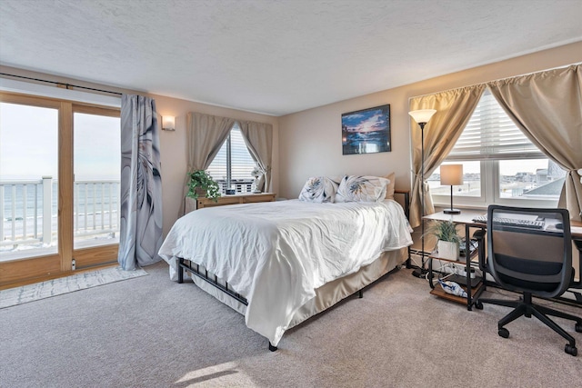 carpeted bedroom with access to exterior and a textured ceiling