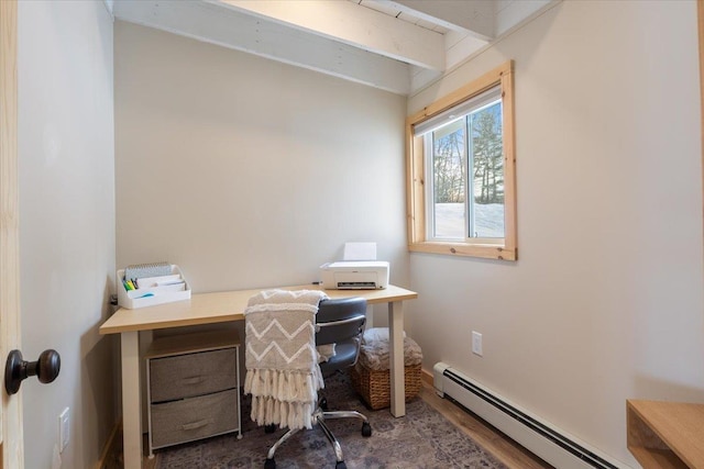 office with a baseboard heating unit and beam ceiling