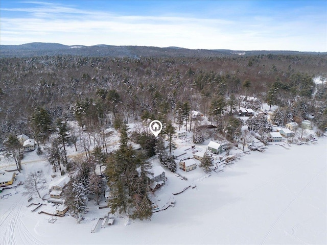 snowy aerial view with a mountain view