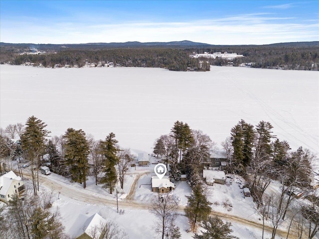 snowy aerial view featuring a mountain view