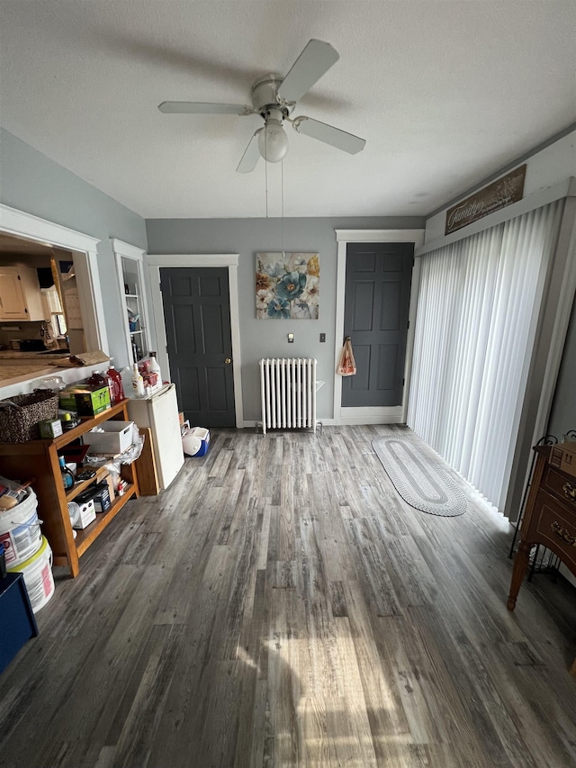 interior space featuring dark wood-type flooring, ceiling fan, radiator, and a textured ceiling