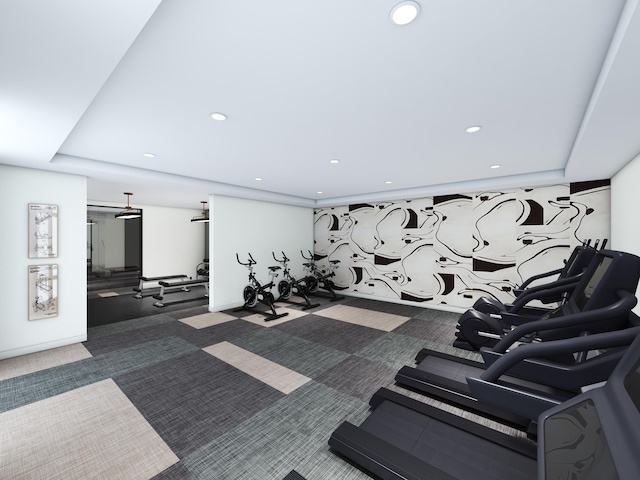 gym with dark colored carpet