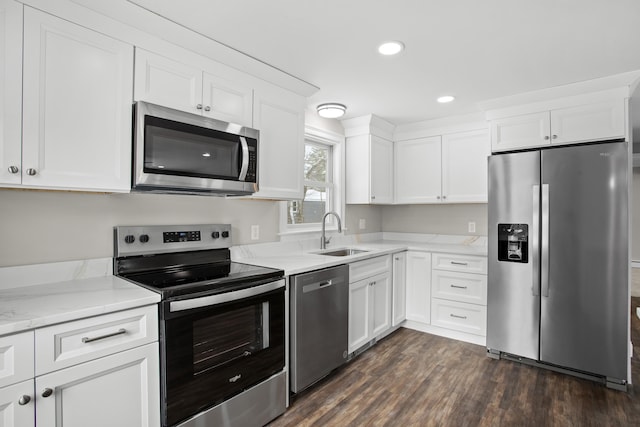 kitchen featuring white cabinetry, appliances with stainless steel finishes, dark hardwood / wood-style floors, and sink