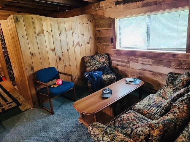 sitting room with wooden walls and carpet