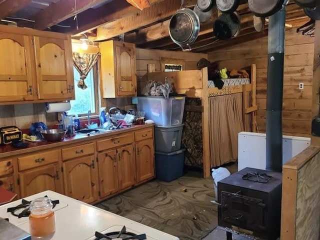 kitchen with sink and wooden walls