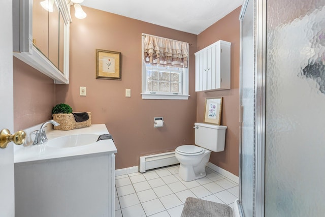 bathroom with vanity, walk in shower, a baseboard heating unit, toilet, and tile patterned floors