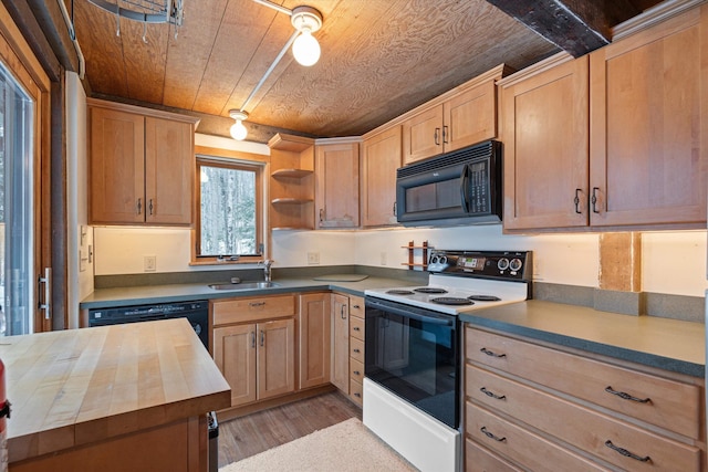 kitchen featuring sink, light hardwood / wood-style flooring, range with electric cooktop, wood counters, and wooden ceiling