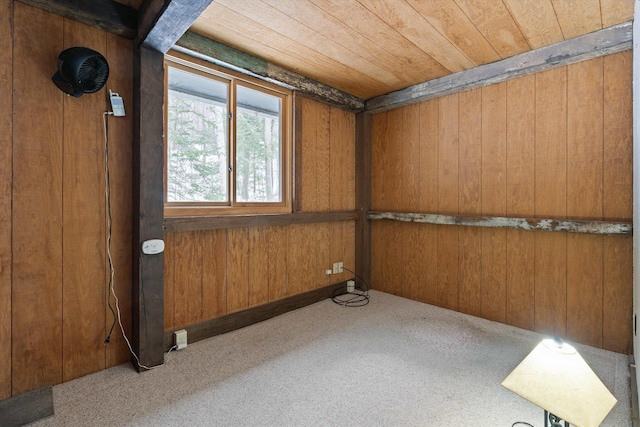 carpeted spare room featuring wooden ceiling and wood walls