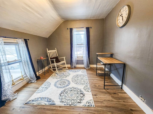 living area featuring hardwood / wood-style flooring, plenty of natural light, and vaulted ceiling