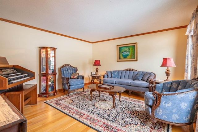 living room featuring crown molding and wood-type flooring