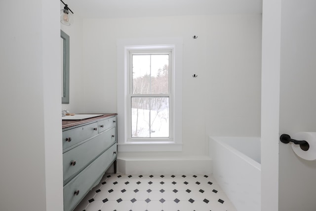 bathroom with vanity and a washtub