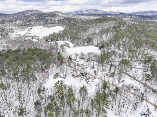 snowy aerial view with a mountain view