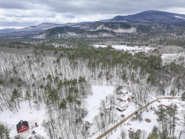 snowy aerial view with a mountain view