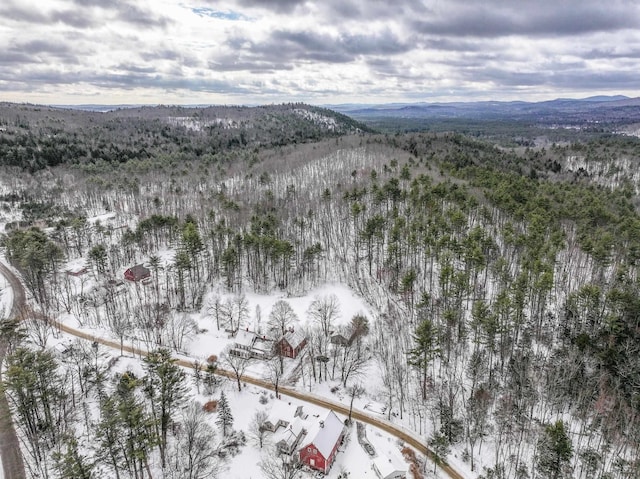 snowy aerial view with a mountain view