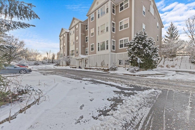 view of snow covered building