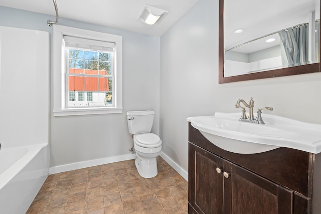 full bathroom featuring vanity, toilet, and shower / bathtub combination with curtain