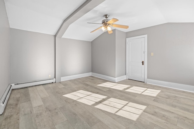 additional living space featuring vaulted ceiling, ceiling fan, light wood-type flooring, and a baseboard radiator