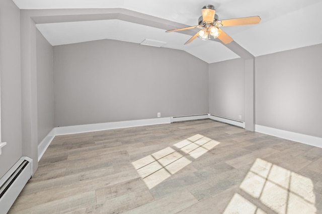 bonus room with light hardwood / wood-style flooring, a baseboard radiator, ceiling fan, and vaulted ceiling