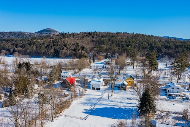 snowy aerial view featuring a mountain view