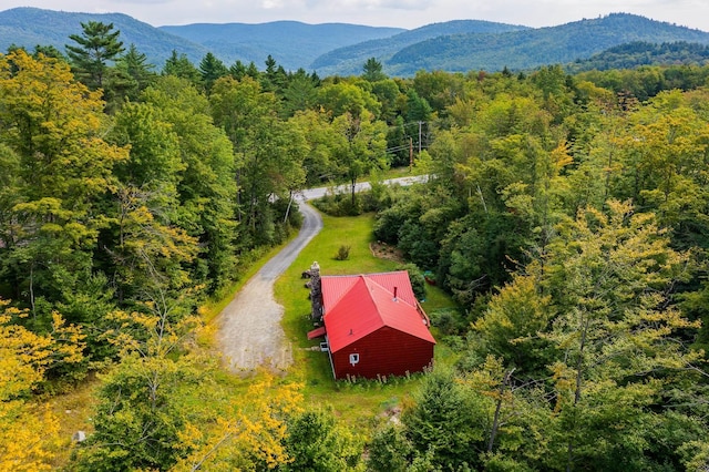 birds eye view of property with a forest view and a mountain view