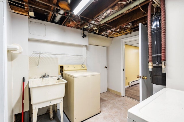 laundry area featuring washer / clothes dryer, sink, and a baseboard heating unit