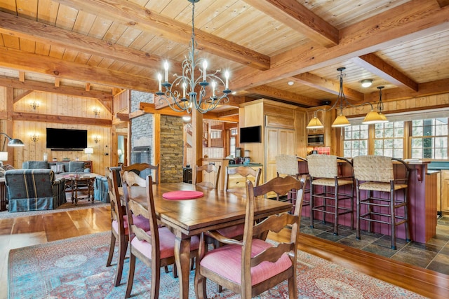 dining area with dark wood-type flooring, wooden walls, and wooden ceiling