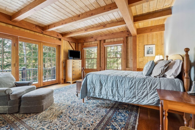 bedroom featuring wood ceiling, wooden walls, hardwood / wood-style floors, and beam ceiling