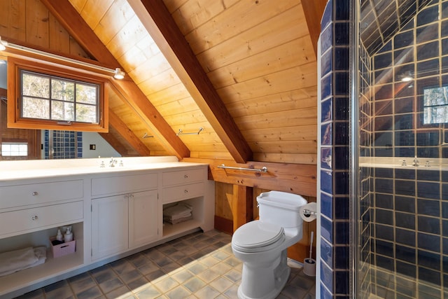 bathroom featuring vanity, vaulted ceiling with beams, wooden ceiling, and toilet