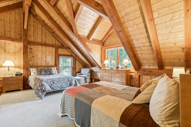 carpeted bedroom with vaulted ceiling with beams, wooden ceiling, and wood walls